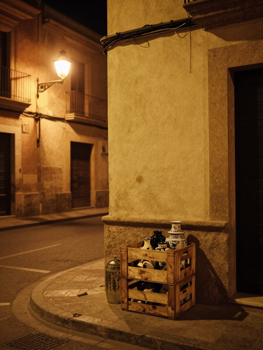 Late Night Valencia Street Scene with Crate and Ceramic Plate in in Valencia, Spain