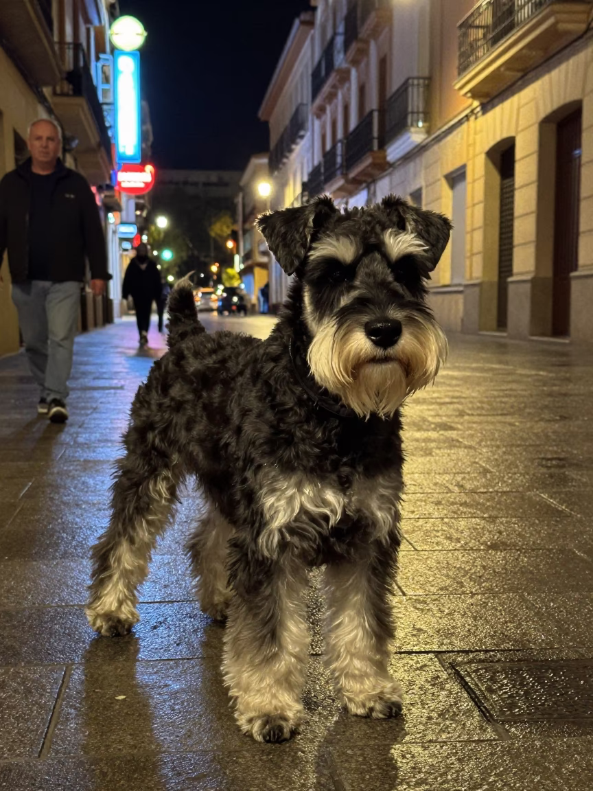 Late Night Valencia Street Scene with Giant Schnauzer and Colorful Neon in in Valencia, Spain