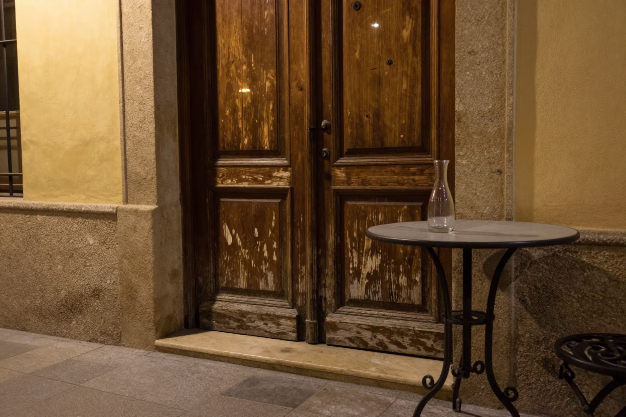 Late Night Valencia Street Scene with Glass Carafe and Doorknob Details in in Valencia, Spain