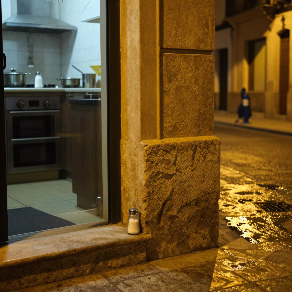 Late Night Valencia Street Scene with Grease Sheen on Doorframe and Salt Shaker in in Valencia, Spain