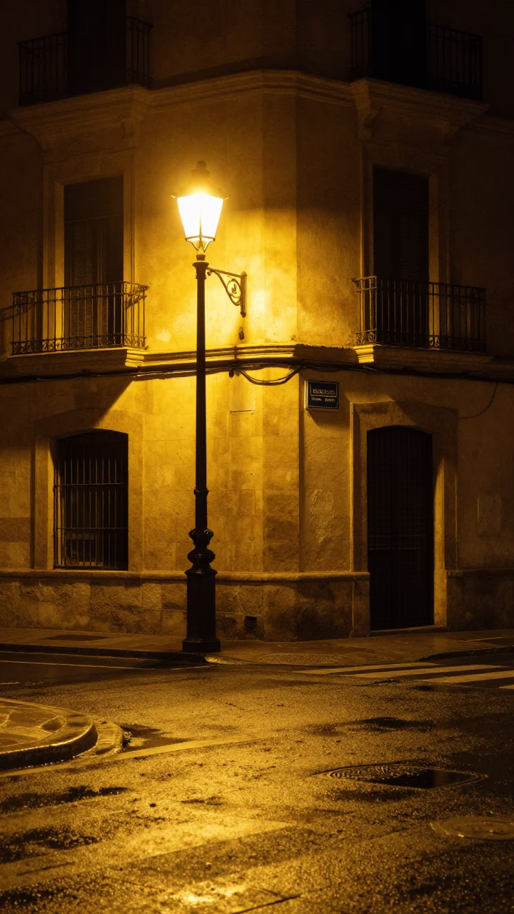 Late Night Valencia Street Scene with Grease Sheen on Sidewalk and Urban Realism in in Valencia, Spain
