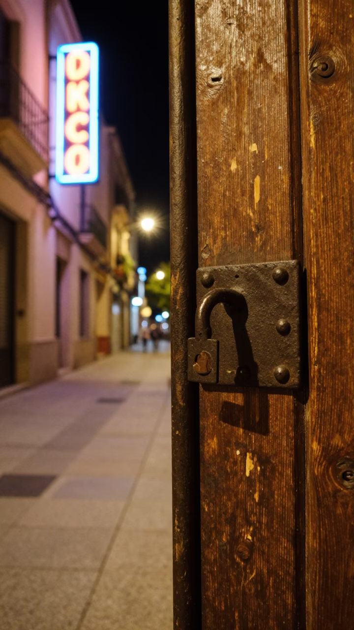 Late Night Valencia Street Scene with Iron Deadbolt and Neon Signage in in Valencia, Spain