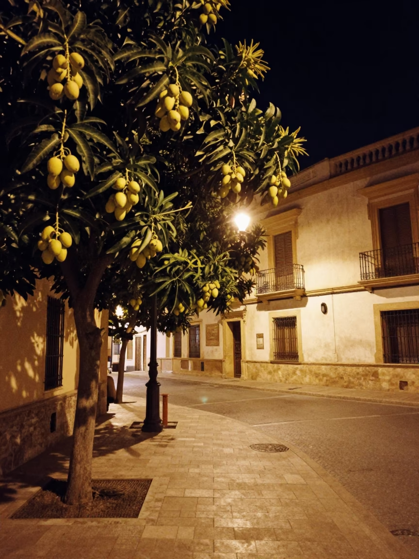 Late Night Valencia Street Scene with Mango Tree and Street Musician in in Valencia, Spain