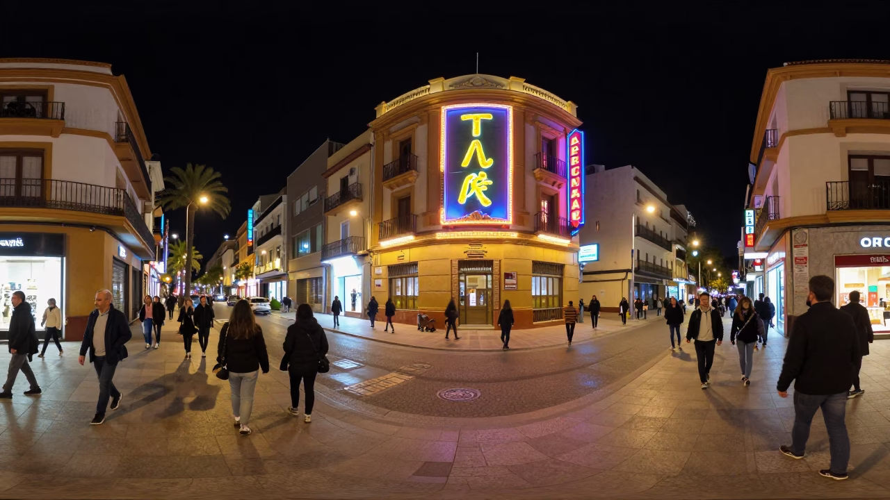 Late Night Valencia Street Scene with Neon Lights and Urban Details in in Valencia, Spain