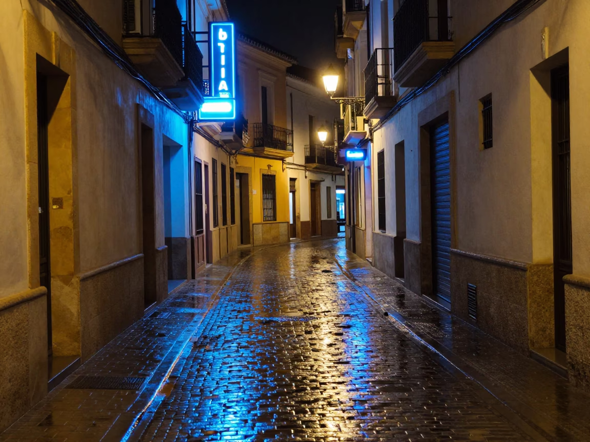 Late Night Valencia Street Scene with Neon Reflections and Urban Texture in in Valencia, Spain