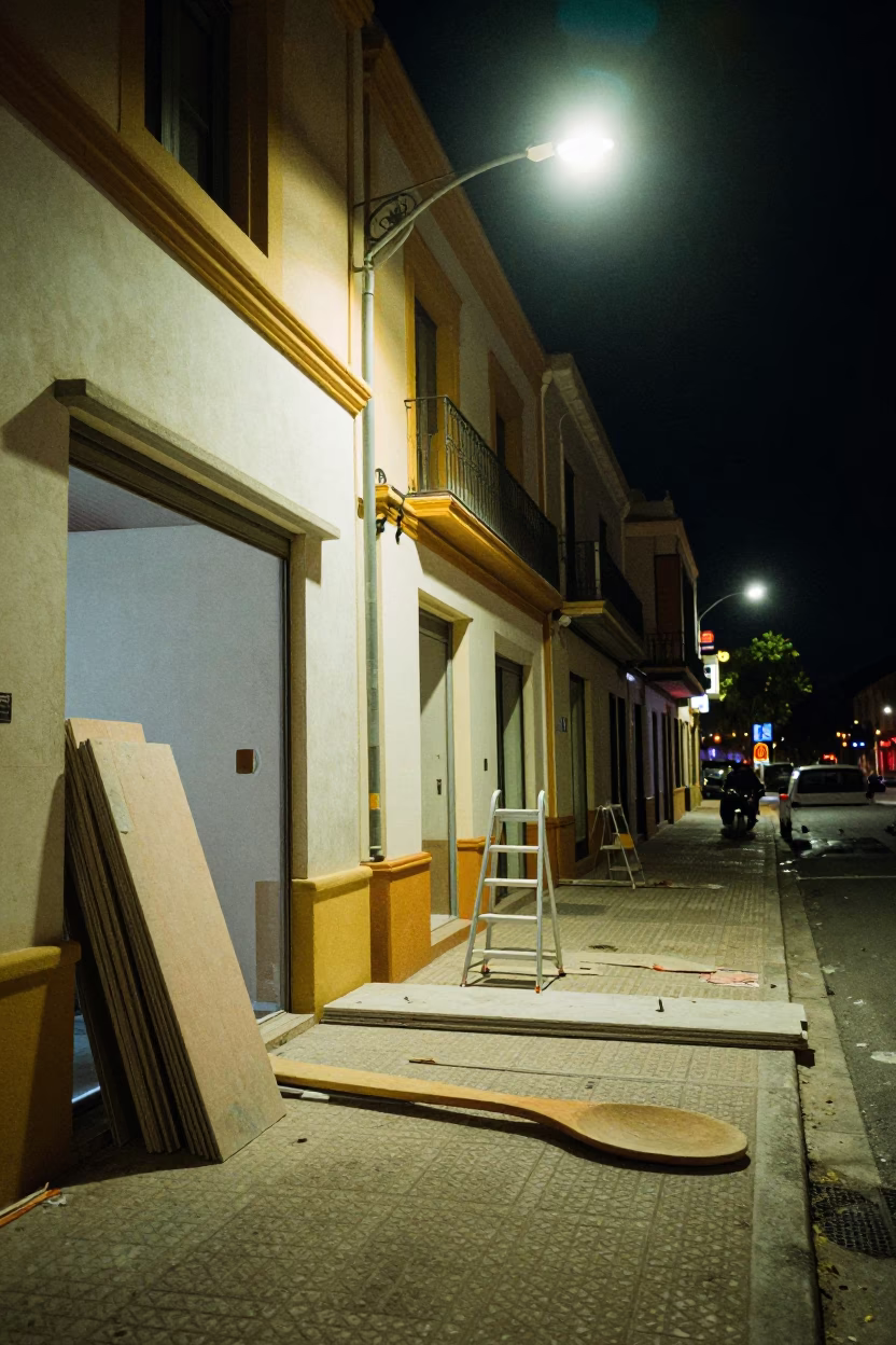 Late Night Valencia Street Scene with Olive Wood Spoon and Insulation Materials in in Valencia, Spain