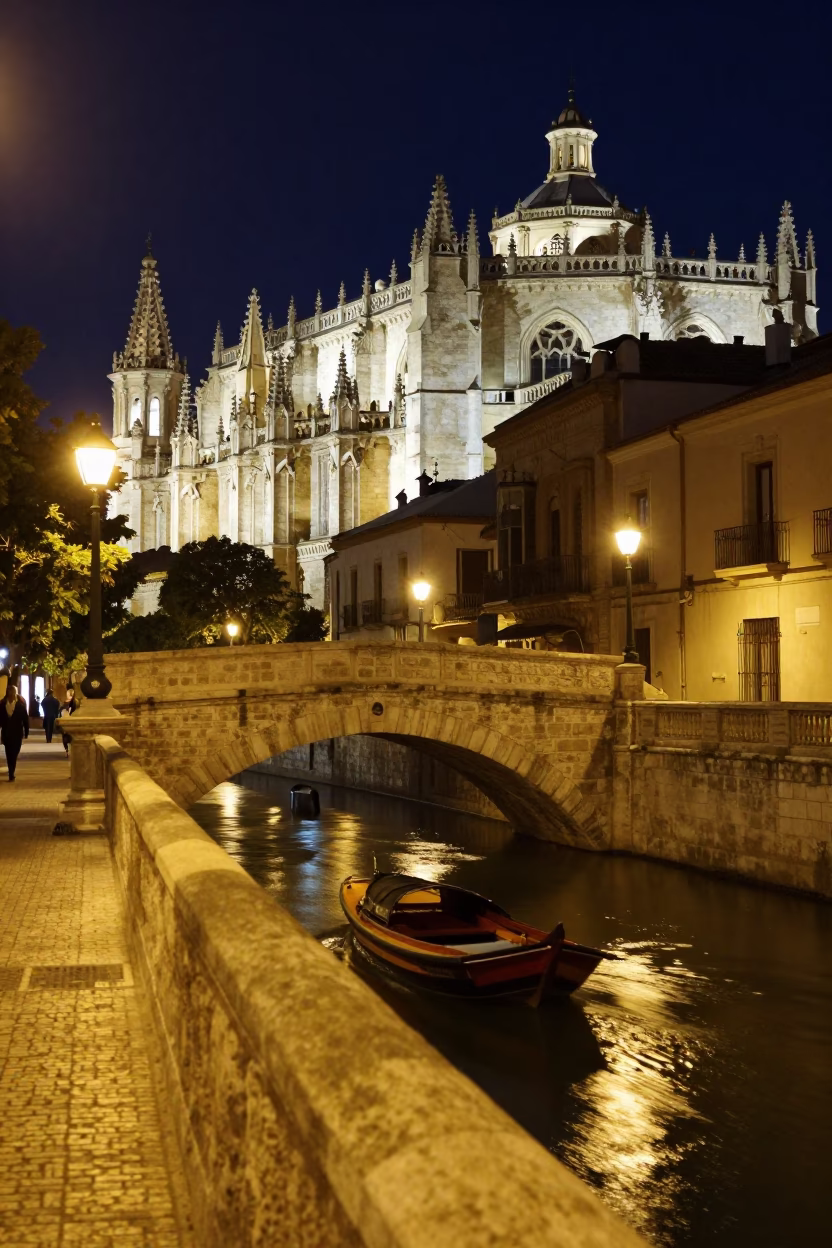 Late Night Valencia Street Scene with Punt Under Gothic Stone Bridge in in Valencia, Spain