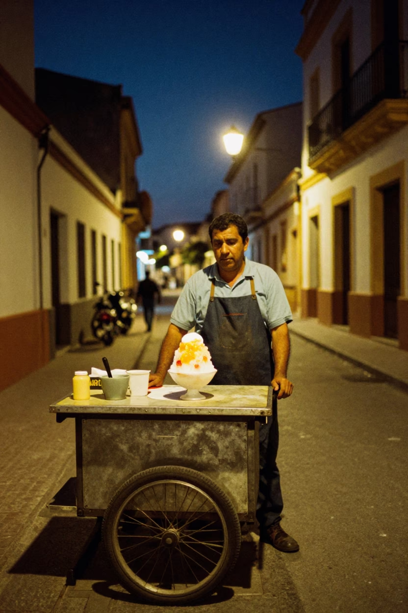 Late Night Valencia Street Scene with Shaved Ice and Condensed Milk Under Starry Sky in in Valencia, Spain