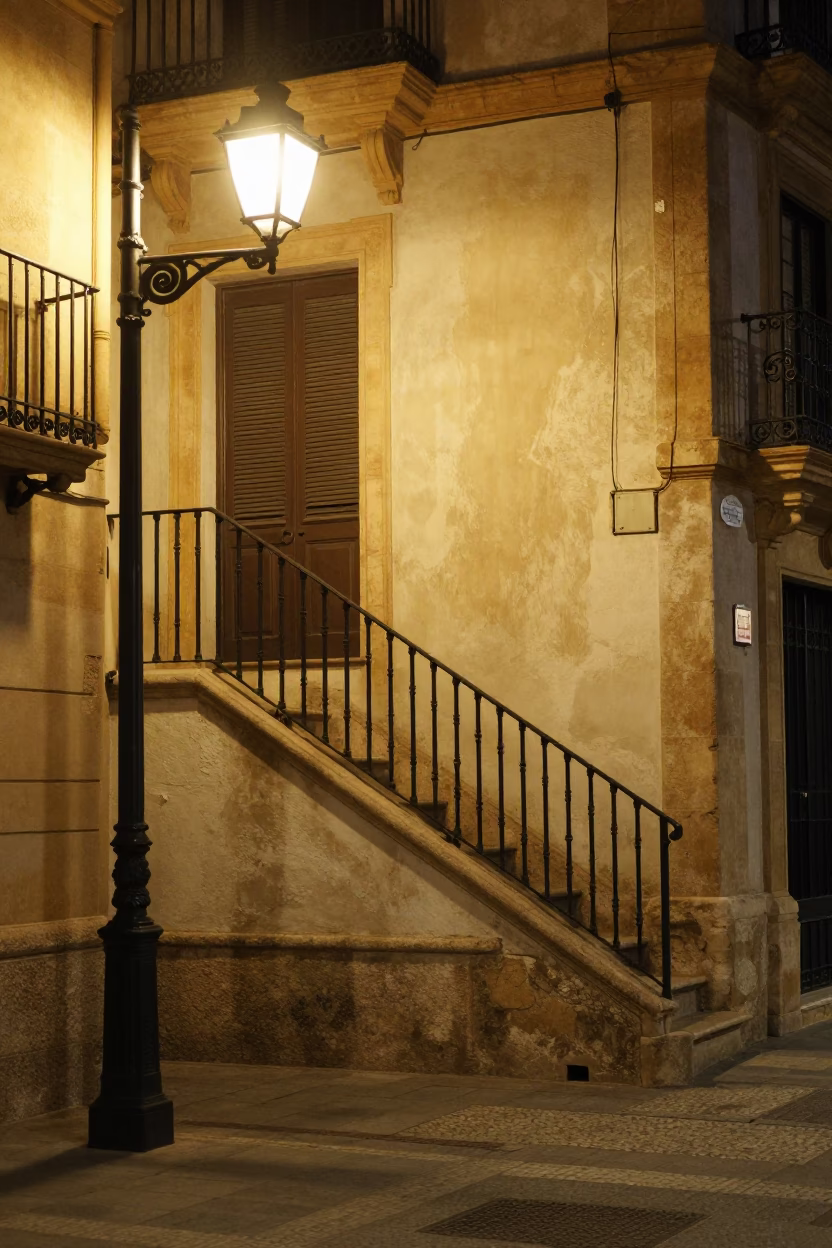 Late Night Valencia Street Scene with Stair Rail and Metal Bucket in in Valencia, Spain