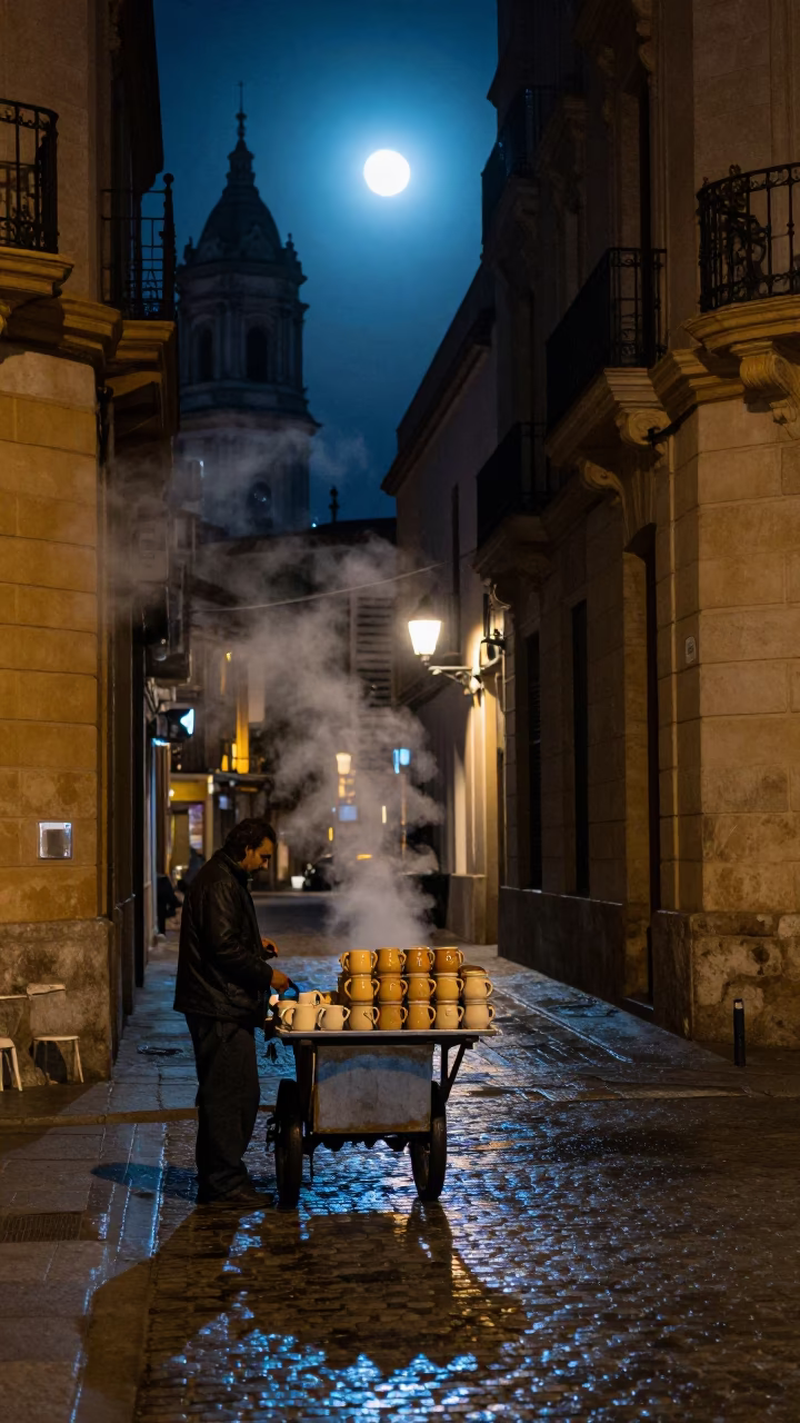 Late Night Valencia Street Scene with Steam Haze and Ceramic Mugs in in Valencia, Spain