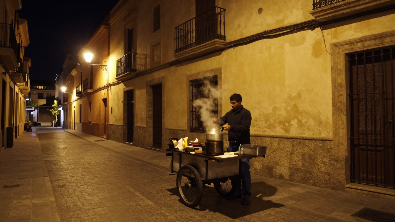 Late Night Valencia Street Scene with Steaming Kettle and Spindle Chair in in Valencia, Spain