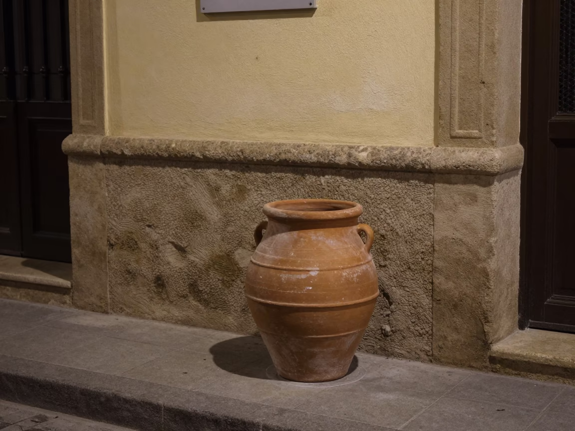Late Night Valencia Street Scene with Terracotta Pot and Wall Hook in in Valencia, Spain