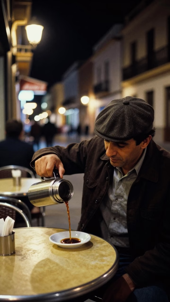 Late Night Valencia Street Scene with Thermos and Saucer on Cafe Table in in Valencia, Spain