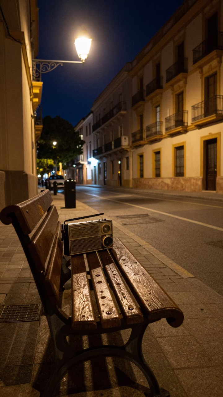 Late Night Valencia Street Scene with Vintage Radio and Condensation on Bench Slat in in Valencia, Spain