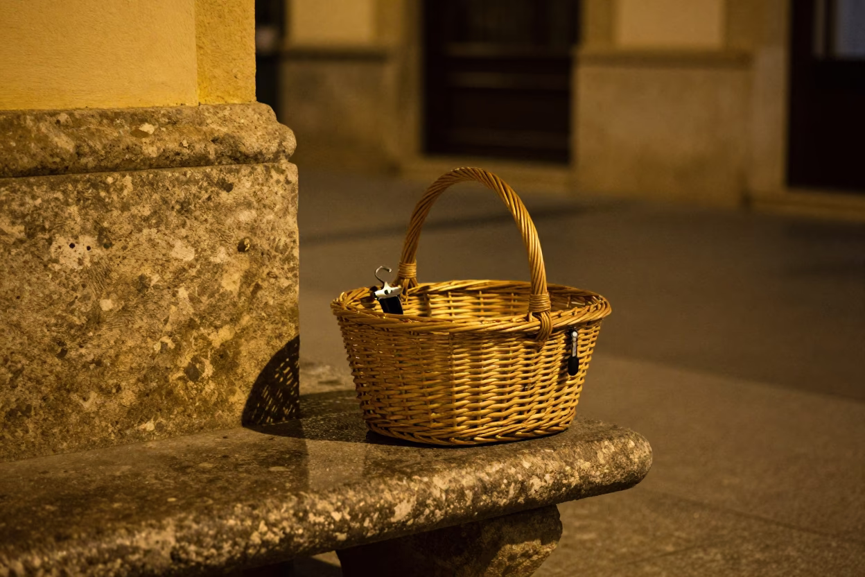 Late Night Valencia Street Scene with Wicker Basket and Wine Opener on Stone Bench in in Valencia, Spain