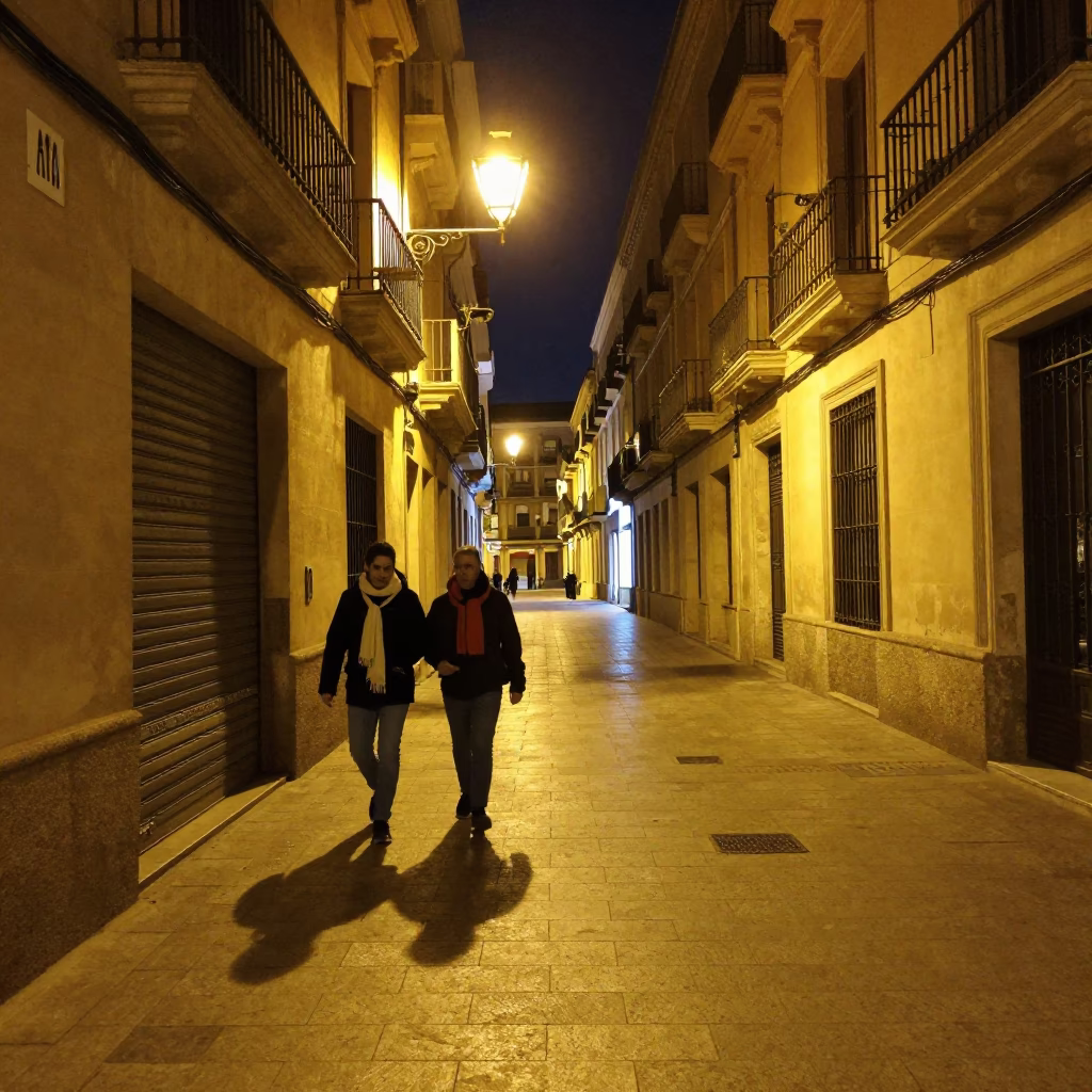 Late Night Valencia Street Scene with Wool Scarves and Urban Lighting in in Valencia, Spain