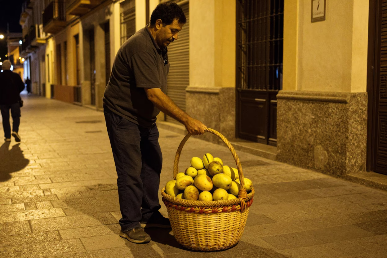 Late Night Valencia Street Scene with Woven Basket and Nectarines in in Valencia, Spain