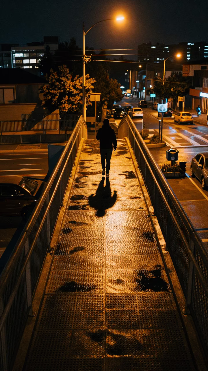 Late Night Valparaiso Chile Pedestrian Overpass Perforated Metal Wet Footsteps in in Valparaiso, Chile