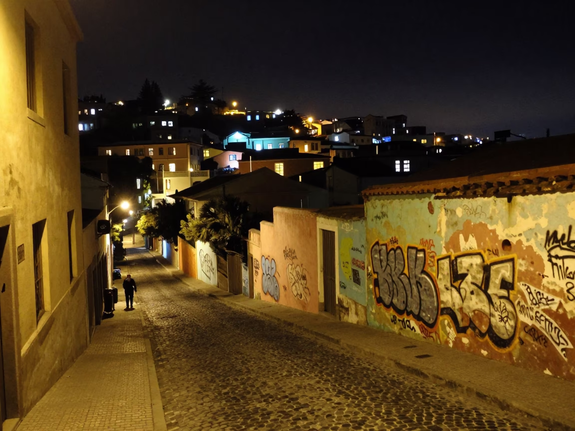 Late Night Valparaiso Chile Street Scene with Faded Graffiti and Neon Reflections in in Valparaiso, Chile