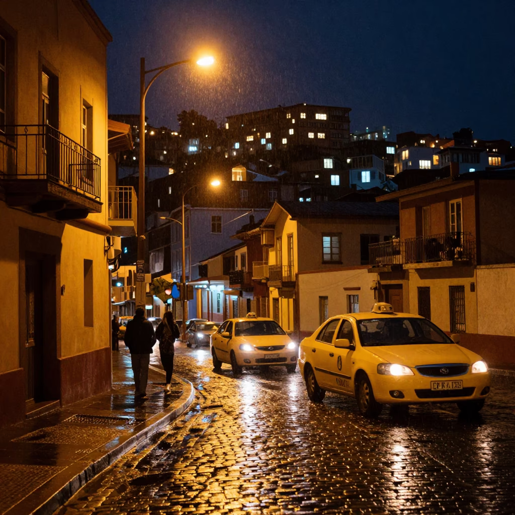 Late Night Valparaiso Chile Street Scene with Yellow Taxi and Rain in in Valparaiso, Chile