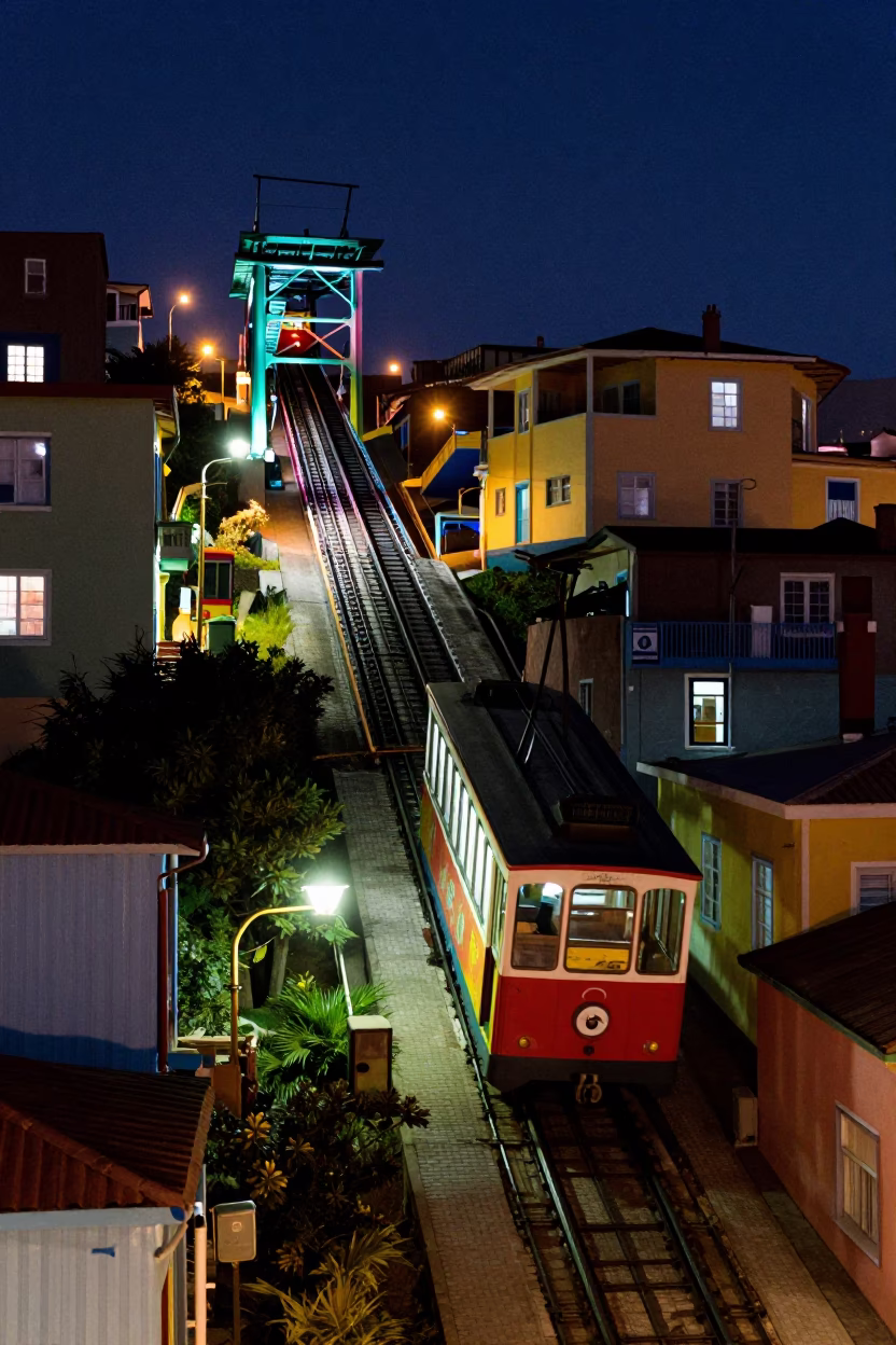 Late Night Valparaiso Funicular Climb with Colorful Street Lighting in in Valparaiso, Chile