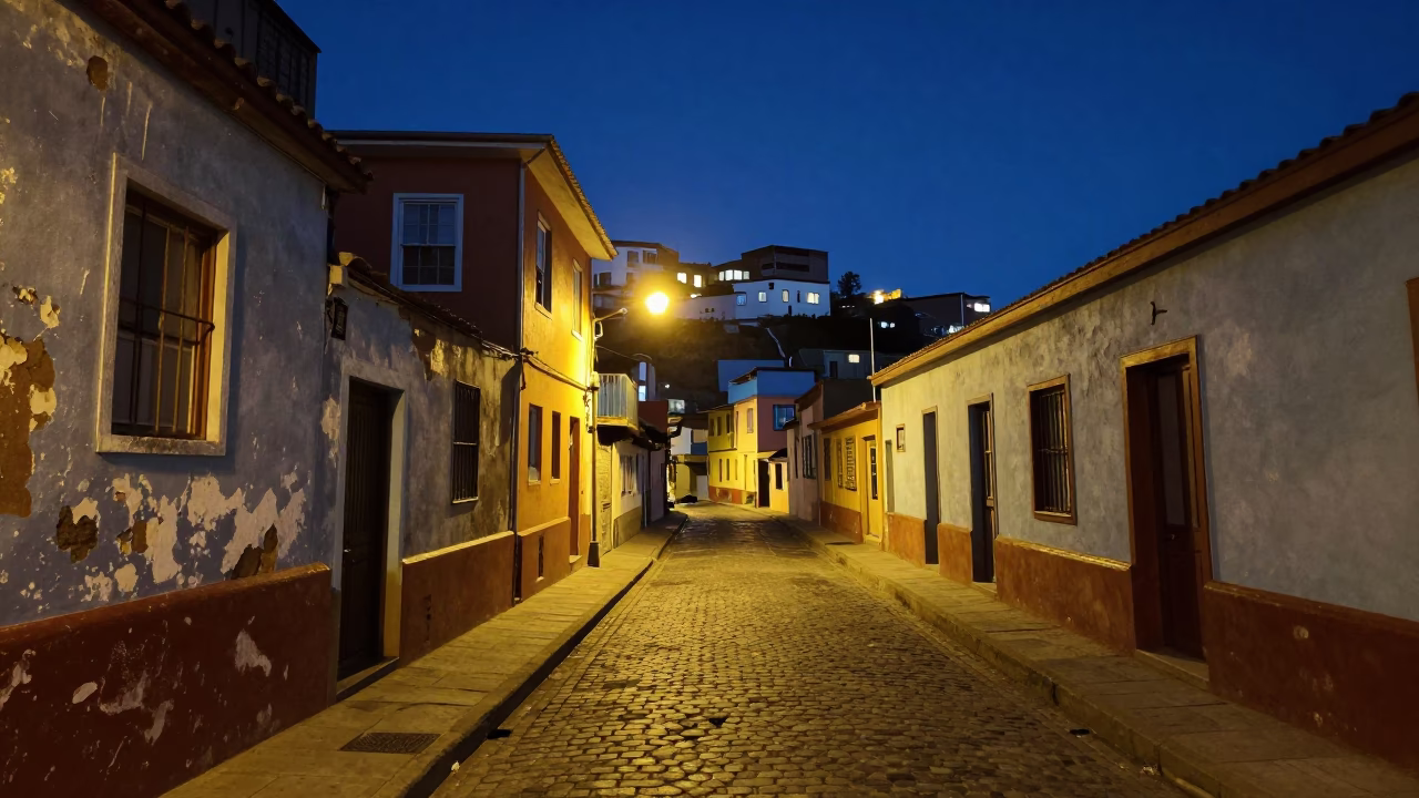 Late Night Valparaiso Street Scene with Colorful Faded Buildings and Cobblestone Alley in in Valparaiso, Chile