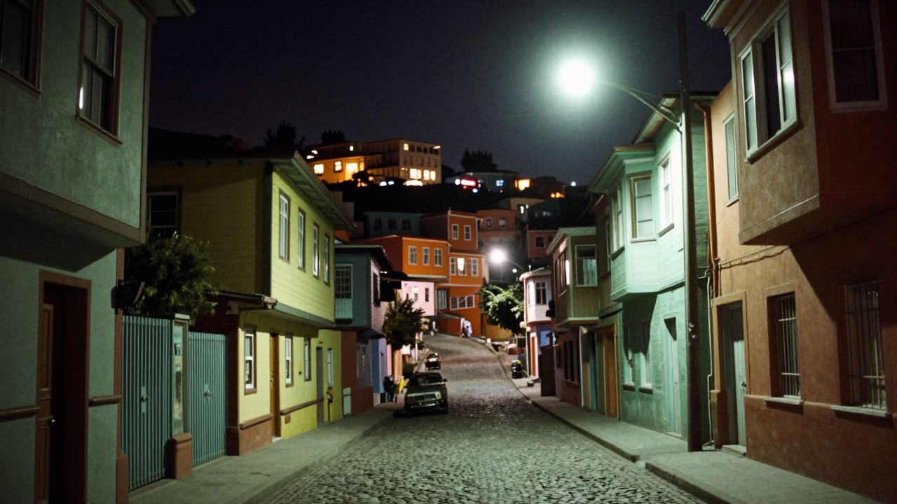 Late Night Valparaiso Street Scene with Colorful Hillside Houses and Urban Details in in Valparaiso, Chile