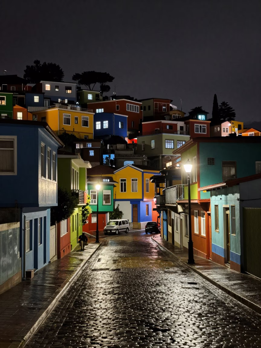 Late Night Valparaiso Street Scene with Colorful Houses and Sparkling Substation Insulators in in Valparaiso, Chile