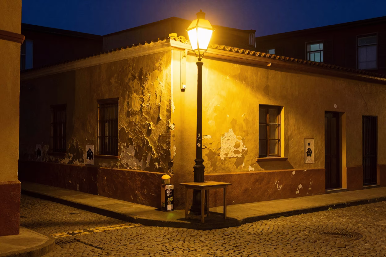 Late Night Valparaiso Street Scene with Cookie Tin and Twine Spool in in Valparaiso, Chile
