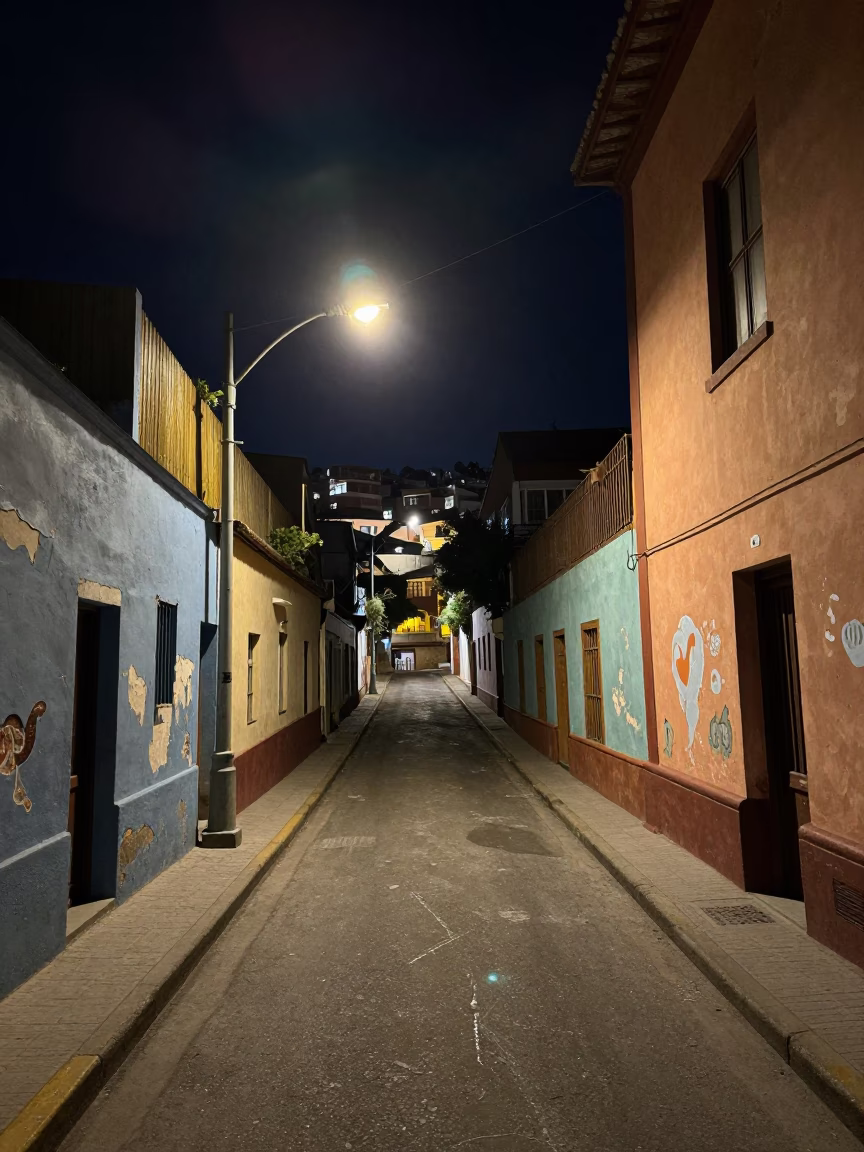 Late Night Valparaiso Street Scene with Faded Paint and Monorail in in Valparaiso, Chile
