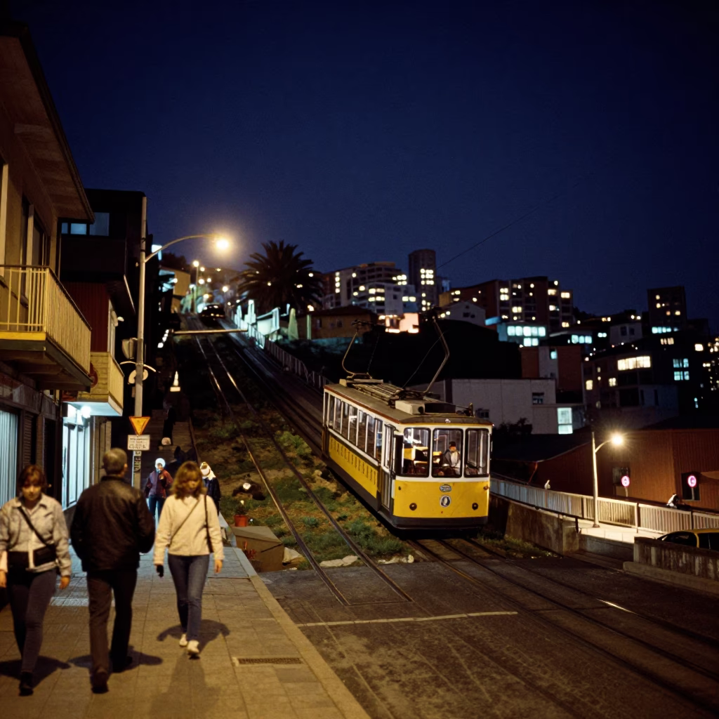 Late Night Valparaiso Street Scene with Funicular and Urban Details in in Valparaiso, Chile