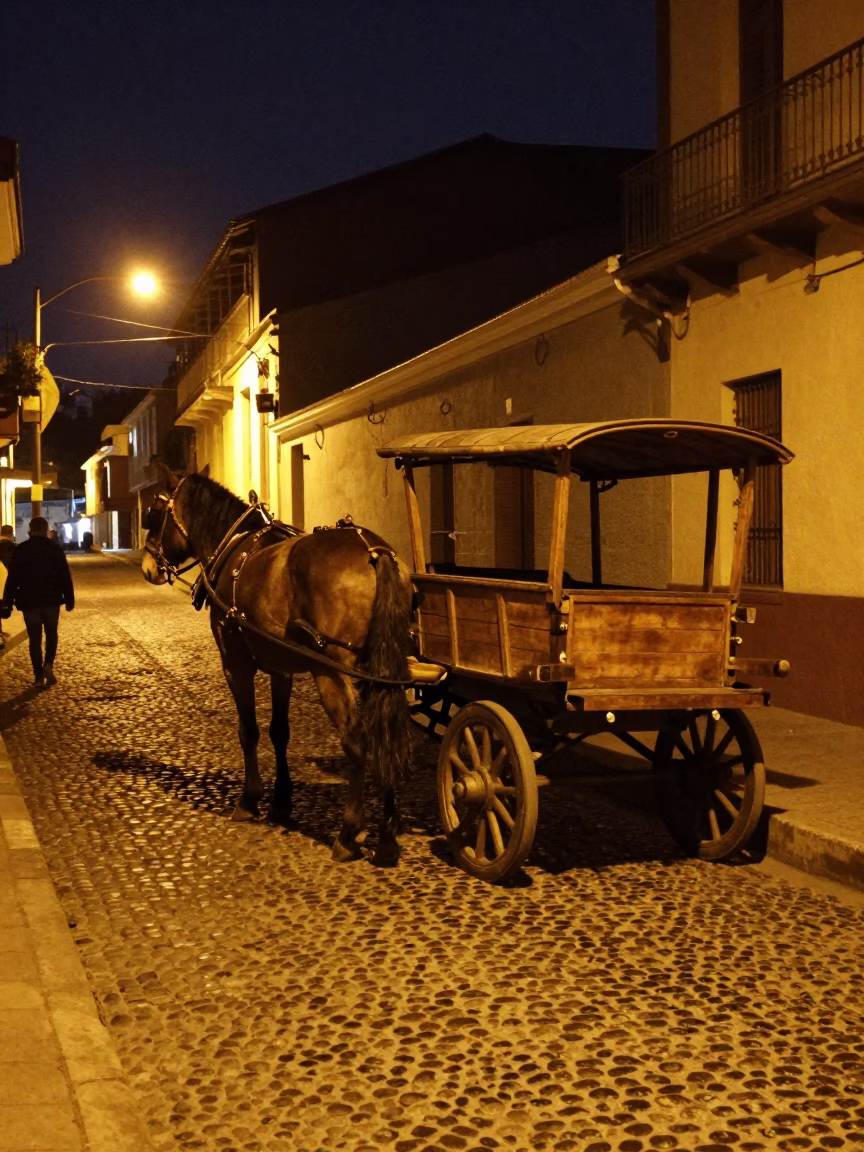 Late Night Valparaiso Street Scene with Horse-Drawn Cart and Painted Crate in in Valparaiso, Chile
