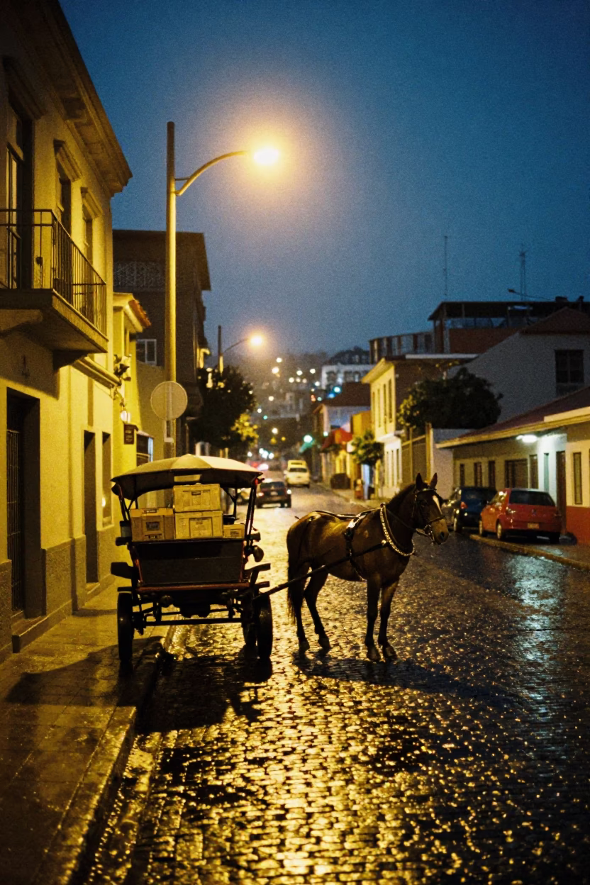 Late Night Valparaiso Street Scene with Horse-Drawn Cart on Cobblestones in in Valparaiso, Chile