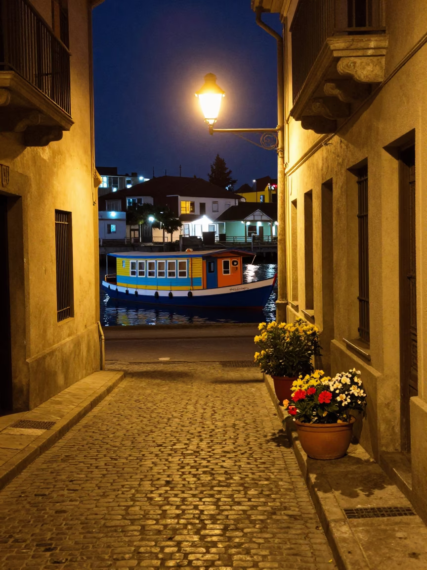 Late Night Valparaiso Street Scene with Houseboat and Flower Garden in in Valparaiso, Chile