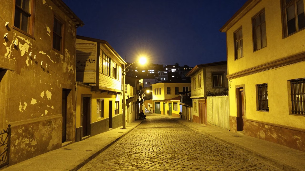 Late Night Valparaiso Street Scene with Laundry Pins and Brass Cup in in Valparaiso, Chile