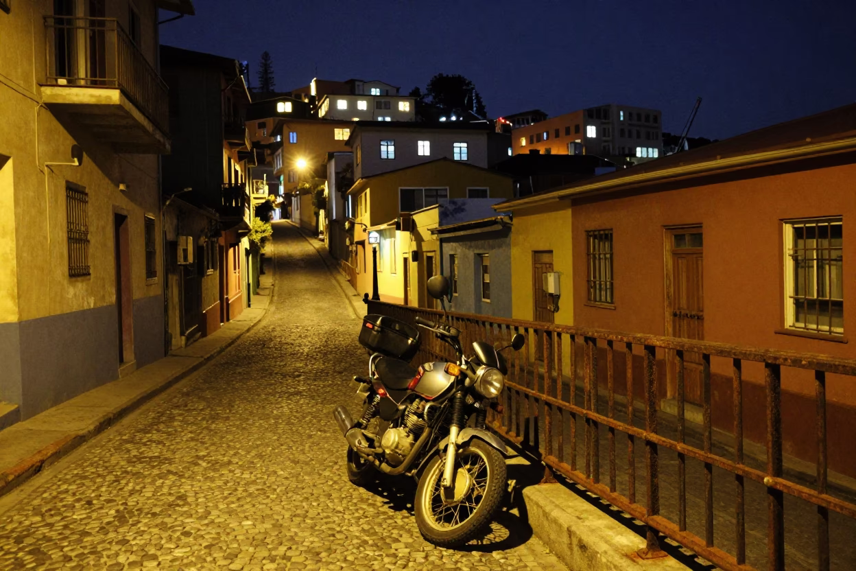 Late Night Valparaiso Street Scene with Parked Motorcycle and Dim Streetlights in in Valparaiso, Chile