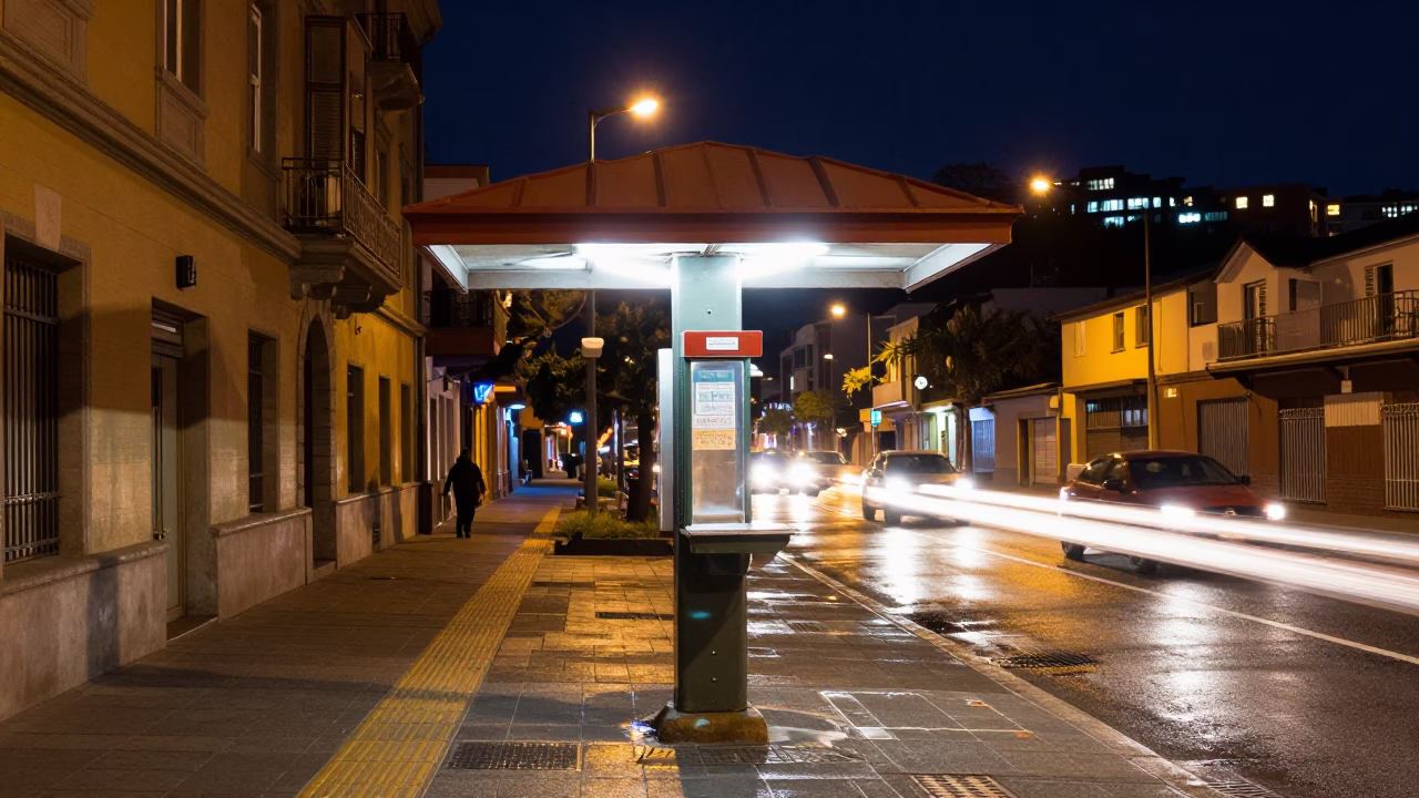 Late Night Valparaiso Street Scene with Valet Stand and Headlight Streaks in Chile in in Valparaiso, Chile