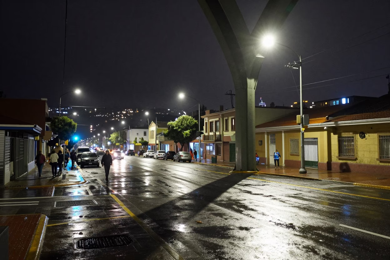 Late Night Valparaiso Street Scene with Viaduct Shadow and Local Market Details in in Valparaiso, Chile
