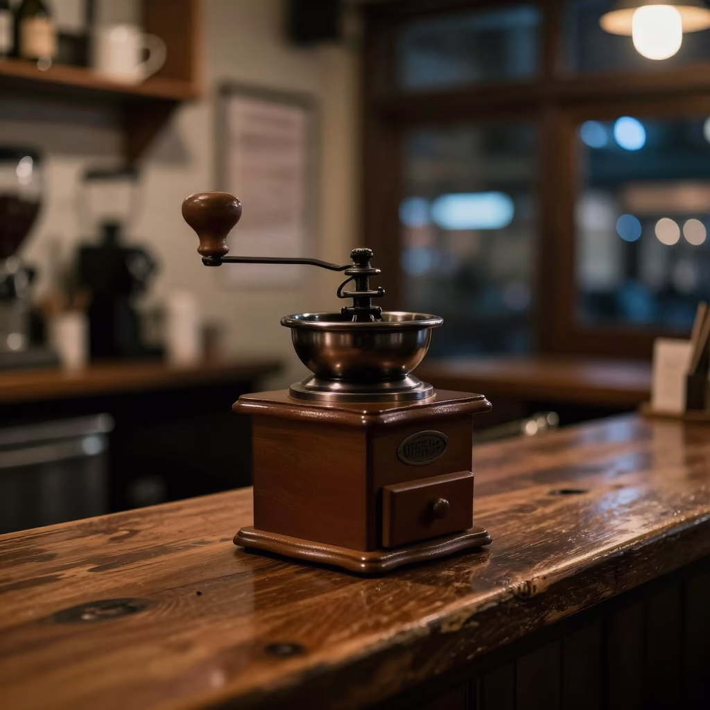 Late Night Vancouver Cafe Interior with Vintage Coffee Grinder and Peeling Wall Details in in Vancouver, British Columbia, Canada