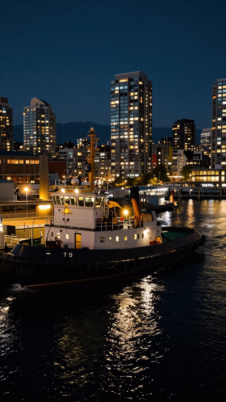 Late Night Vancouver Harbor Scene with Tugboat and Urban Lights Reflections in in Vancouver, British Columbia, Canada