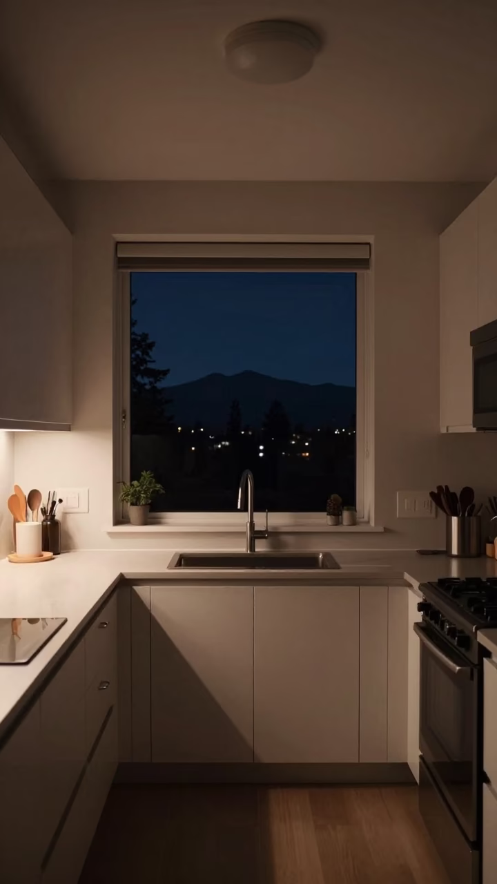 Late Night Vancouver Kitchen Interior with Window Light and Cooking Utensils at Night in in Vancouver, British Columbia, Canada