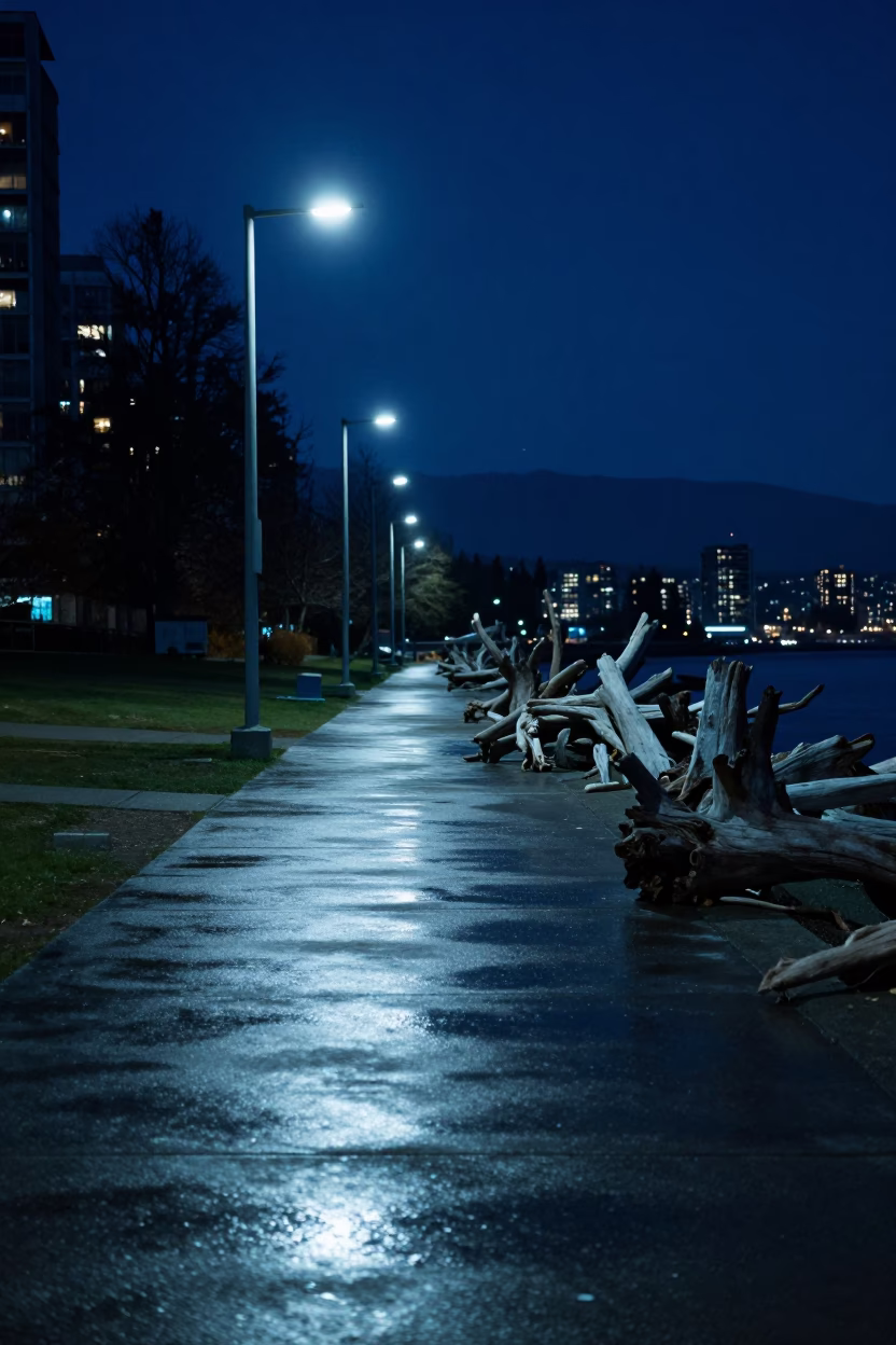 Late Night Vancouver Seawall Driftwood and Dusk Lights in in Vancouver, British Columbia, Canada