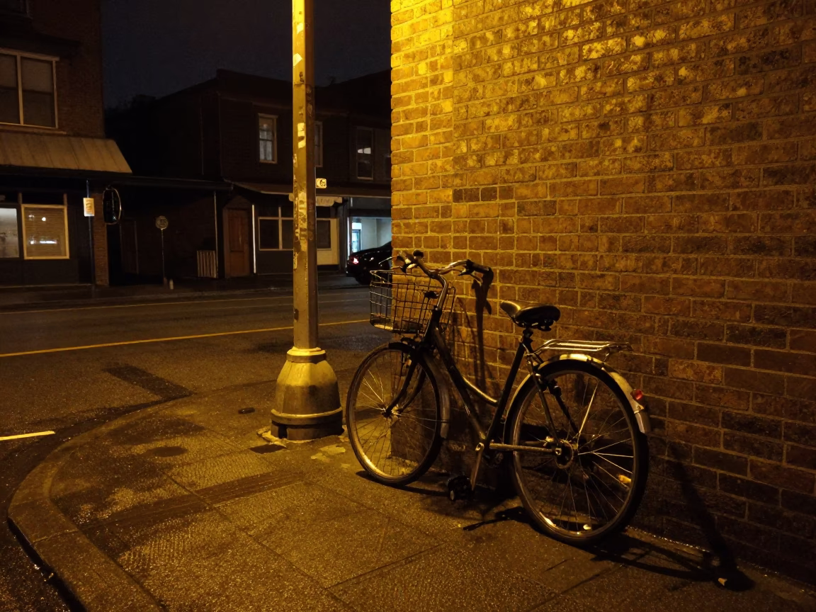 Late Night Vancouver Street Scene with Bicycle Basket and Urban Details in in Vancouver, British Columbia, Canada
