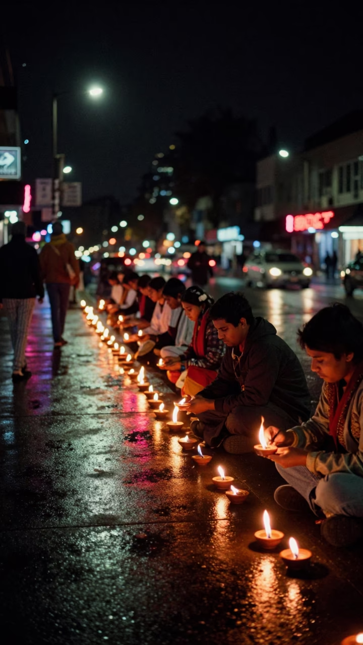 Late Night Vancouver Street Scene with Colorful Diwali Oil Lamps and Urban Reflections in in Vancouver, British Columbia, Canada