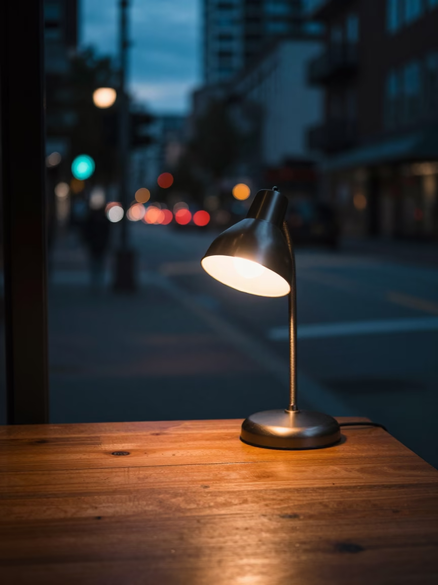 Late Night Vancouver Street Scene with Desk Lamp and Smudges on Rim in in Vancouver, British Columbia, Canada