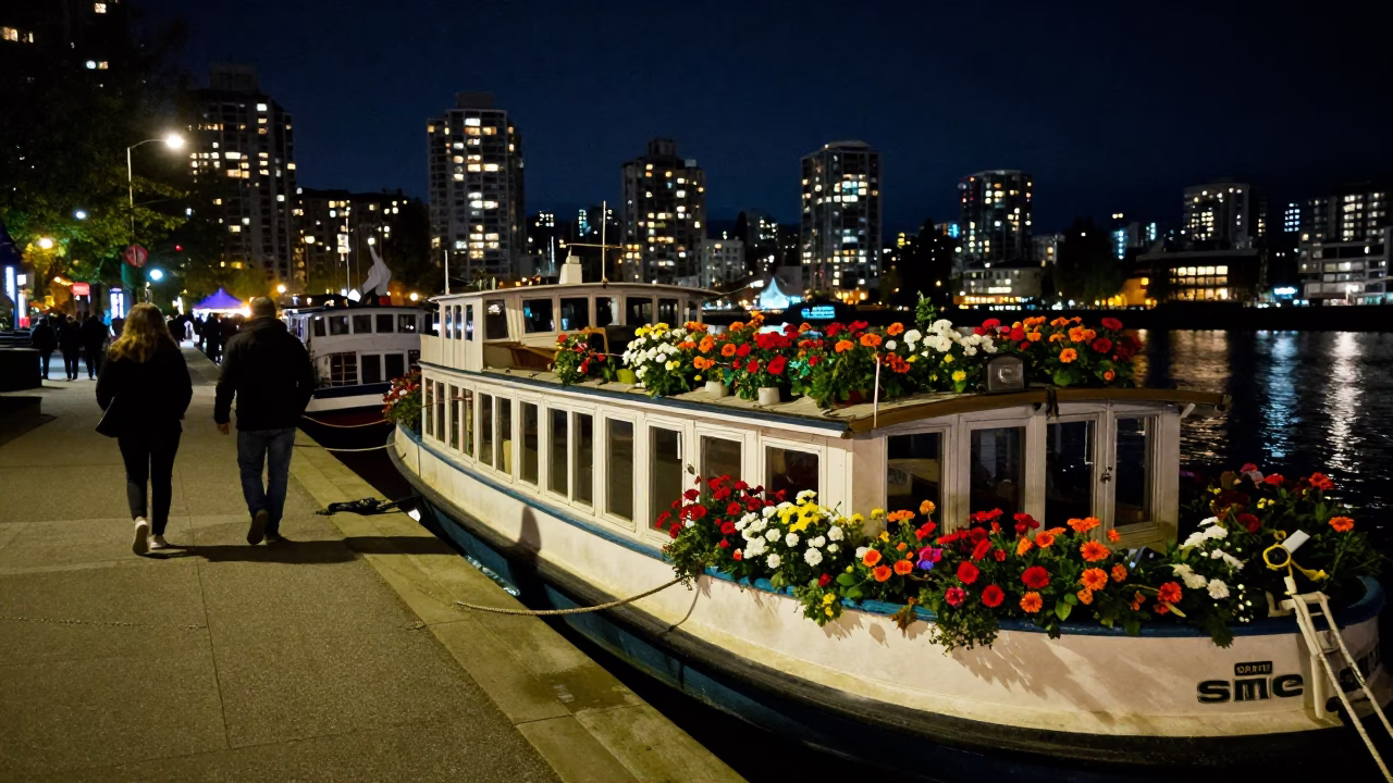 Late Night Vancouver Street Scene with Houseboat and Flower Garden in in Vancouver, British Columbia, Canada