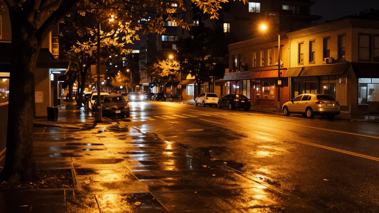 Late Night Vancouver Street Scene with Leaf Shadows and Scrap Basket in in Vancouver, British Columbia, Canada