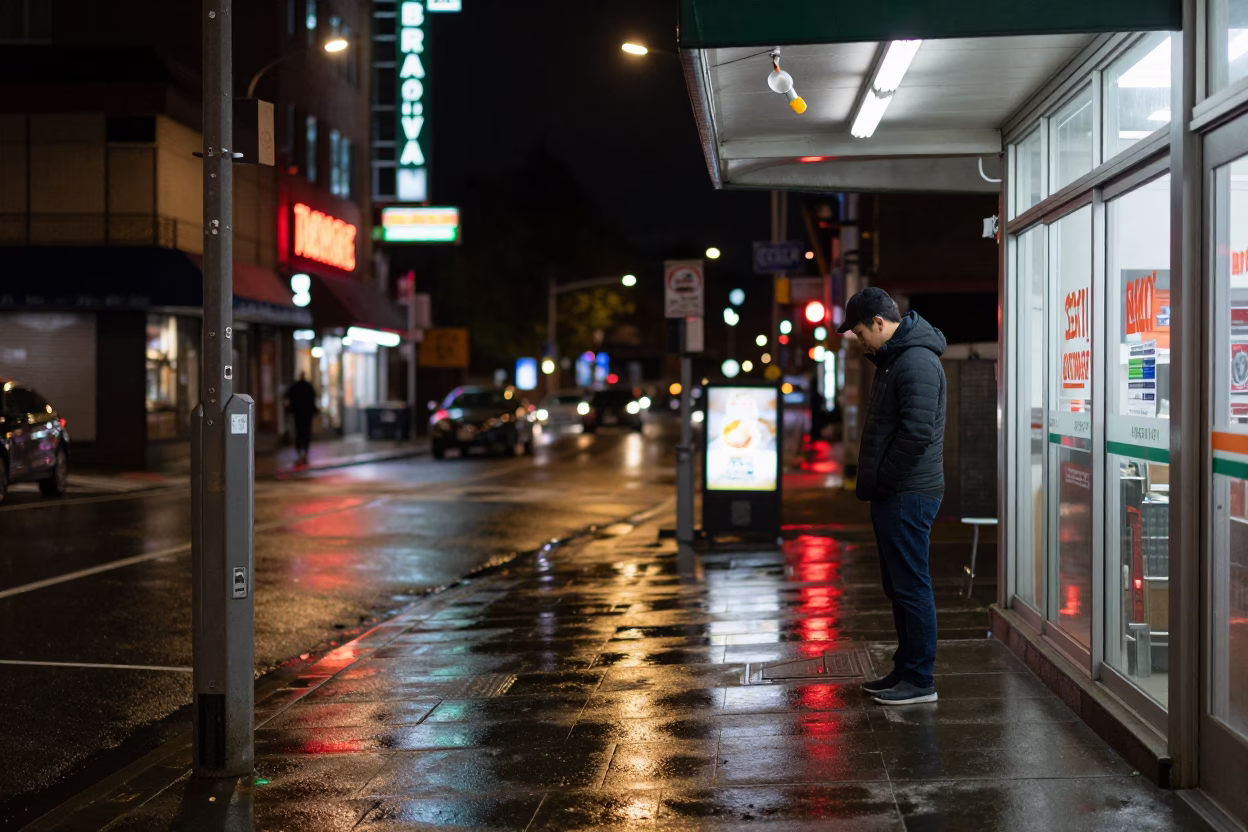 Late Night Vancouver Street Scene With Mechanical Pencil and Rainy Urban Atmosphere in in Vancouver, British Columbia, Canada