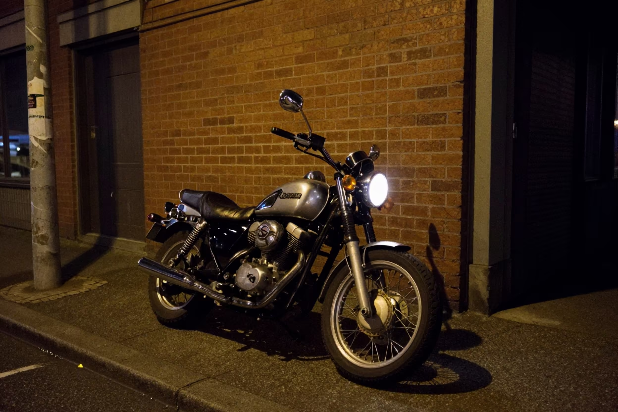 Late Night Vancouver Street Scene with Motorcycle and Soap Residue in in Vancouver, British Columbia, Canada
