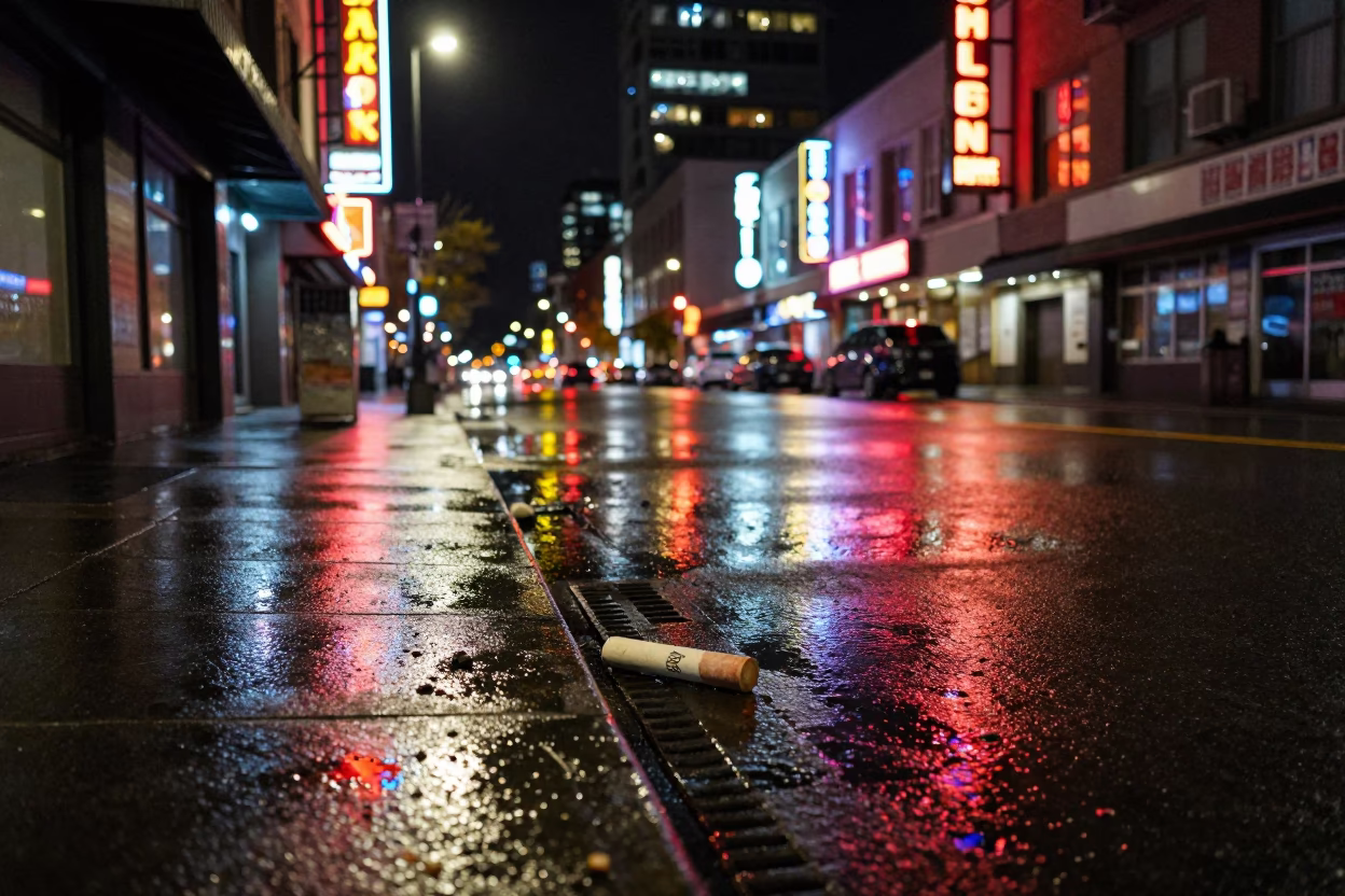 Late Night Vancouver Street Scene with Neon Reflections and Urban Details in in Vancouver, British Columbia, Canada